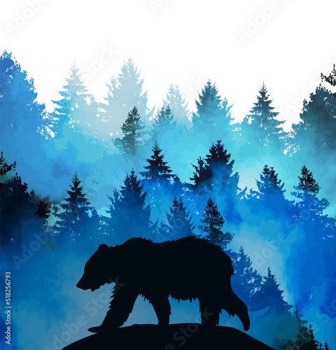 Bear in the forest. Watercolor blue forest. Spruces and pines. Vector illustration