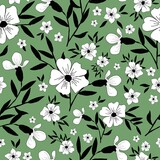 Simple vintage pattern. white flowers, black leaves. green  background. Fashionable print for textiles and wallpaper.