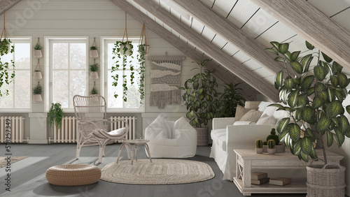 Farmhouse mezzanine living room in boho style. Sofa and rattan armchair, bleached wooden side table. Potted plants and decors. Bohemian interior design