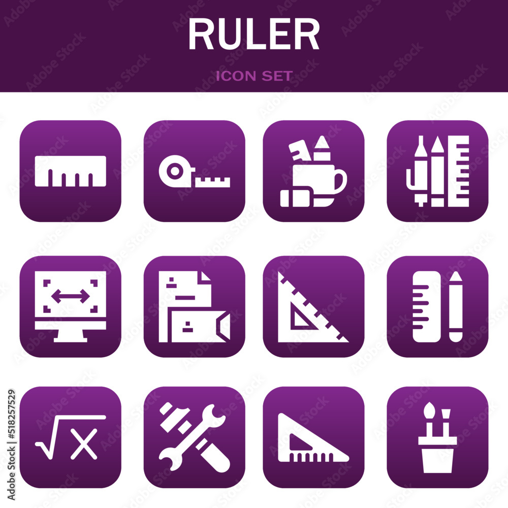 ruler icon set. Vector illustrations related with Ruler, Measuring tape and Pencil case ruler icon set. Vector illustrations related with Ruler, Measuring tape and Pencil case