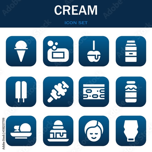 cream icon set. Vector illustrations related with Ice cream, Soap and Caramelized apple