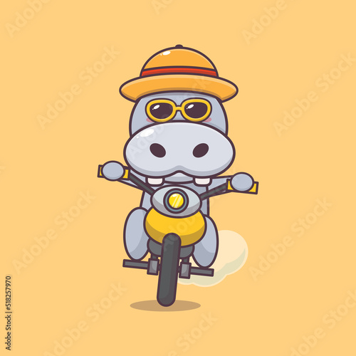 Cool hippo cartoon mascot character in sunglasses ride motocycle in summer day