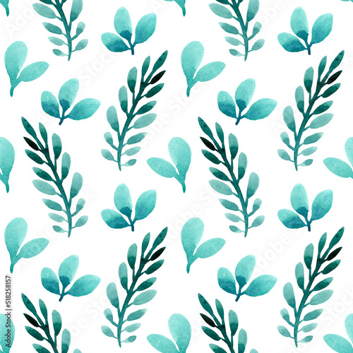 Seamless pattern of green leaves painted with watercolors on a white background. For fabric, sketchbook, wallpaper, wrapping paper.