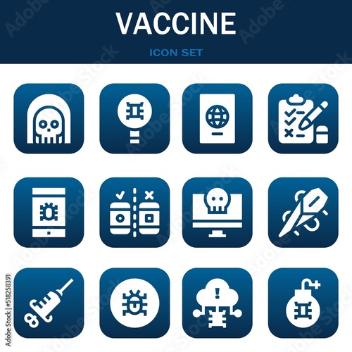 vaccine icon set. Vector illustrations related with Death, Virus and Passport
