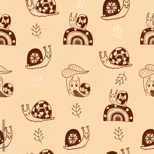 Seamless pattern with cute snails. Decorative snail characters on rainbow, under leaf and with flowers on light pink background. Vector Linear hand drawn doodle. Pattern with insects for design, decor