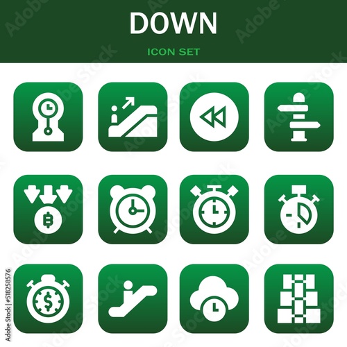 down icon set. Vector illustrations related with Clocks, Escalator and Backward