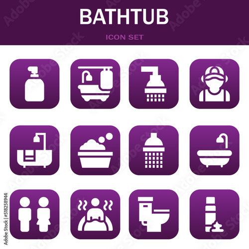 bathtub icon set. Vector illustrations related with Soap, Bathtub and Shower