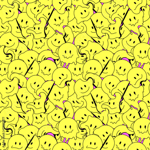 Funny smile crazy melted face seamless pattern art. Vector illustration psychedelic retrro graphic. Positive good vibes smiley faces, acid, high, melt, trip, wallpaper seamless pattern. Y2K aesthetic photo