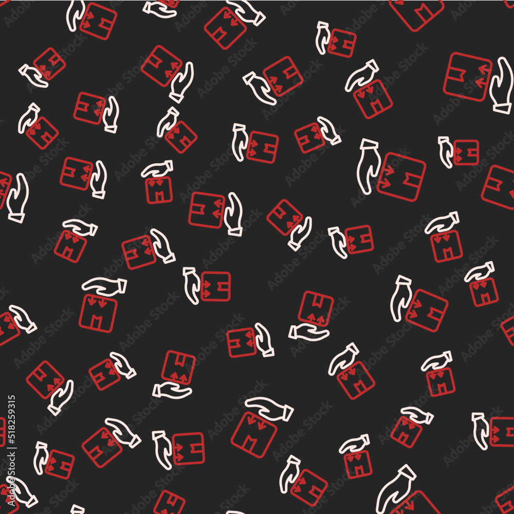 Line Delivery hand with cardboard boxes icon isolated seamless pattern on black background. Door to door delivery by courier. Vector Line Delivery hand with cardboard boxes icon isolated seamless pattern on black background. Door to door delivery by courier. Vector