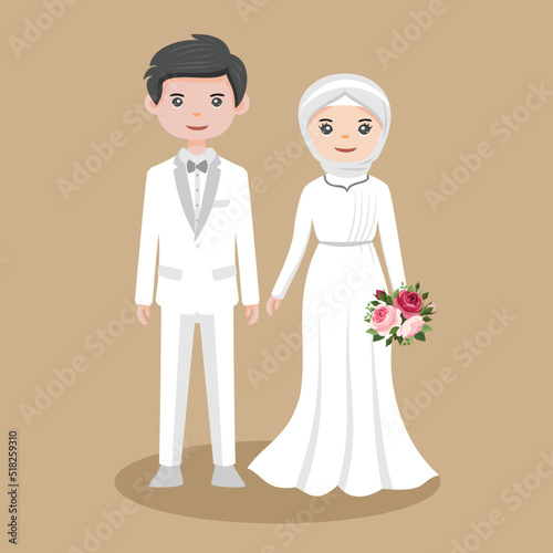 Vector illustration of a Muslim couples marriage, with a Man wearing gray suit and Woman holding a flower in her hand wearing a white dress