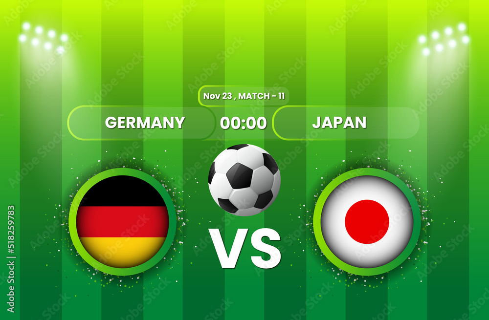 Germany vs Japan Football or Soccer Match. FIFA World Cup 2022. Football Tournament, Football Cup, Poster, Banner, Announcement, Scoreboard Template, Match Schedule, Game Score.