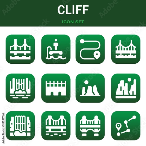 cliff icon set. Vector illustrations related with Bridge, Flyboard and Route
