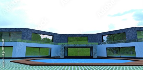 High-tech building of an unusual shape. Pool with blue water in the middle of the yard. Spacious fenced terrace along the entire house. 3d render.