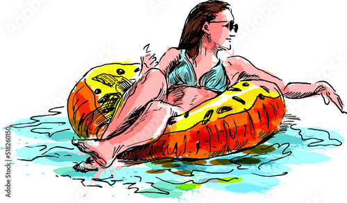 Colored hand sketch of a woman in an inflatable wheel. Vector illustration.