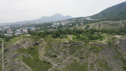 flight over the historical part of Pyatigorsk on a summer day, resort town in Stavropol region, Russia.
