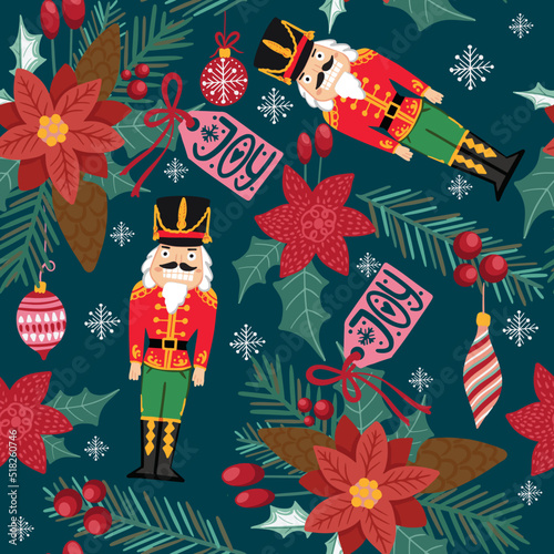 Hand drawn Christmas pattern with Nutcrackers . For kids apparel, home design, wrapping paper
