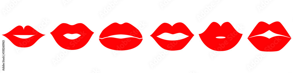 Woman's lip gestures icon set. Girl mouths close up with red lipstick makeup expressing different emotions. - obrazy, fototapety, plakaty 