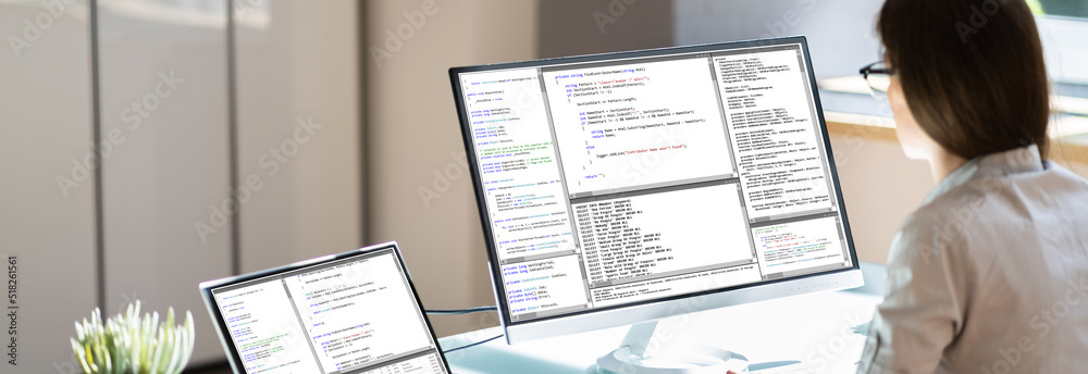 Fototapeta premium Woman Programmer. Girl Coding Software