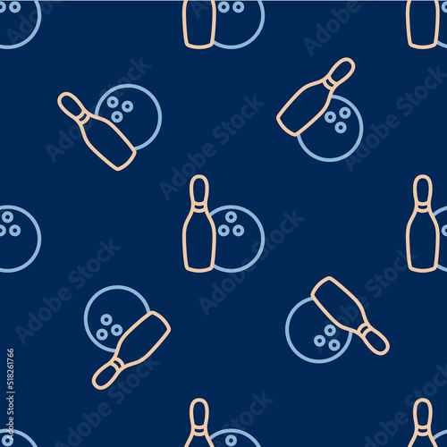 Line Bowling pin and ball icon isolated seamless pattern on blue background. Sport equipment. Vector