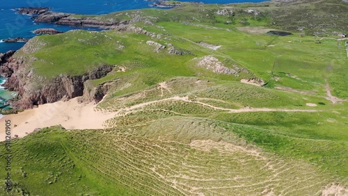 Aerial view of the Murder Hole beach, officially called Boyeeghether Bay in County Donegal, Ireland photo