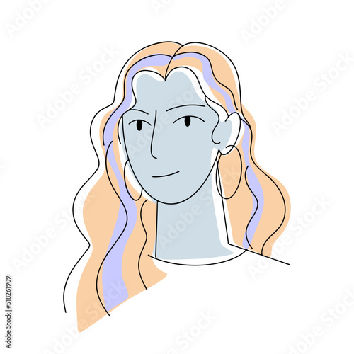 Happy young woman in flat style. Colored flat and line vector illustration isolated on white background. Girl with blue skin and blond hair.