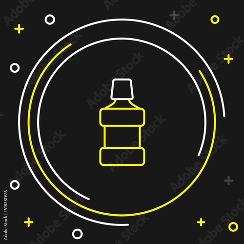 Line Mouthwash plastic bottle icon isolated on black background. Liquid for rinsing mouth. Oralcare equipment. Colorful outline concept. Vector