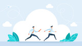 Business baton pass, relay, job handover or partnership and teamwork. Two businessman passing the baton running a relay race. Businessmen colleagues partner while running. Team. Flat illustration
