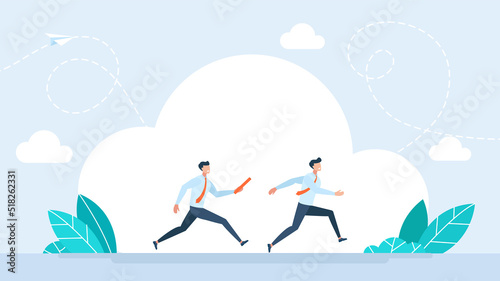 Business baton pass, relay, job handover or partnership and teamwork. Two businessman passing the baton running a relay race. Businessmen colleagues partner while running. Team. Flat illustration