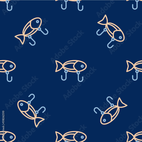 Line Fishing lure icon isolated seamless pattern on blue background. Fishing tackle. Vector