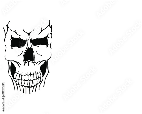 Scary black skull on white background with copy space. Halloween flyer concept. Halloween background with cranium and copy space.