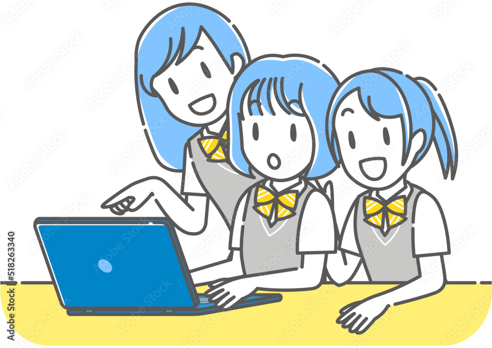 情報科の授業でノートパソコンの画面を見る3人の女子高校生(シンプル)