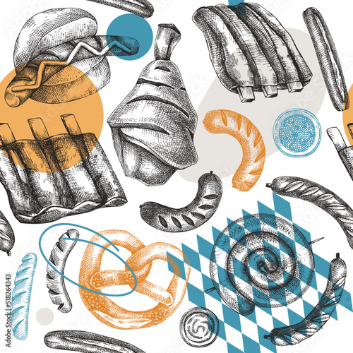 Oktoberfest background with grilled sausage, ribs and pork knuckles sketches. Hand-drawn fast food illustration. Barbeque party sketched design. German food seamless pattern in collage style.