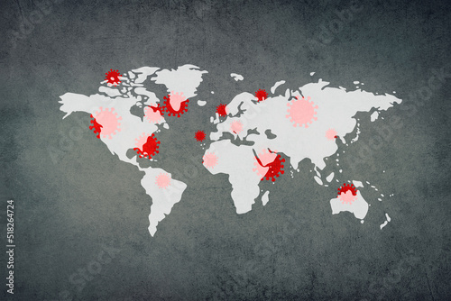 World map, outbreak of  a virus, infectious disease spreading, worldwide pandemic 