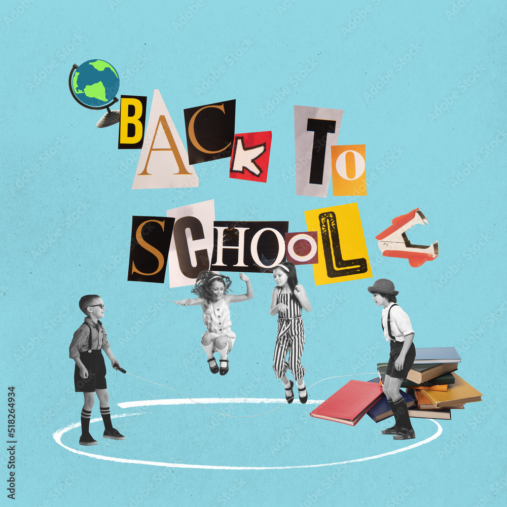 Contemporary collage with happy kids, pupils playing isolated on blue background with cut out letters in magazine style. Childhood, education, studying, back to school concept Contemporary collage with happy kids, pupils playing isolated on blue background with cut out letters in magazine style. Childhood, education, studying, back to school concept