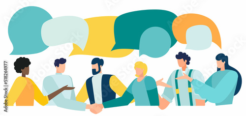 Discussion, conversation with speech bubbles. illustration brainstorming for idea, meeting opinion concept, discussing work in meeting and talk with speech bubbles.