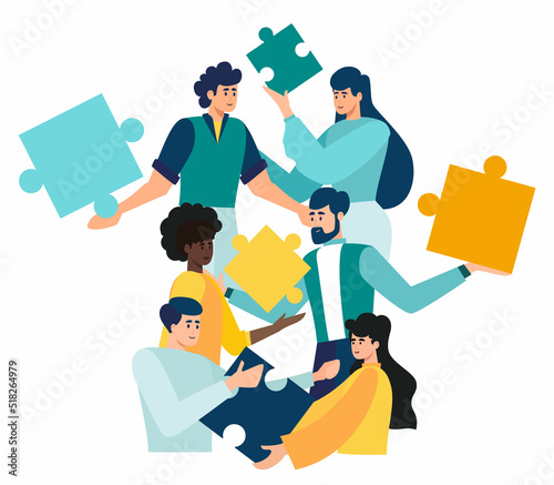 jigsaw puzzles are a great element of team work and search for ideas. business teamwork together people connect puzzle elements. vector illustration in flat style