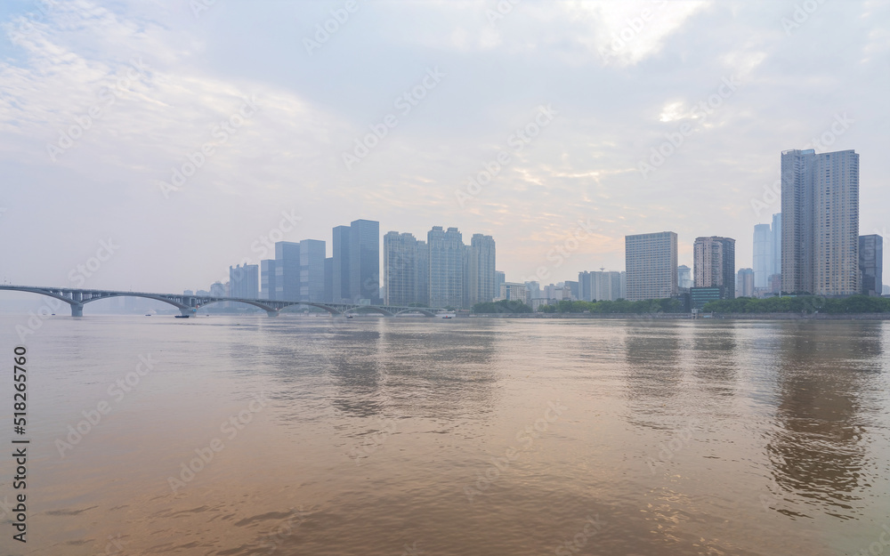 The city skyline, the Yangtze River Bridge and the scenery of the Yangtze River in Changsha, Hunan Province, China