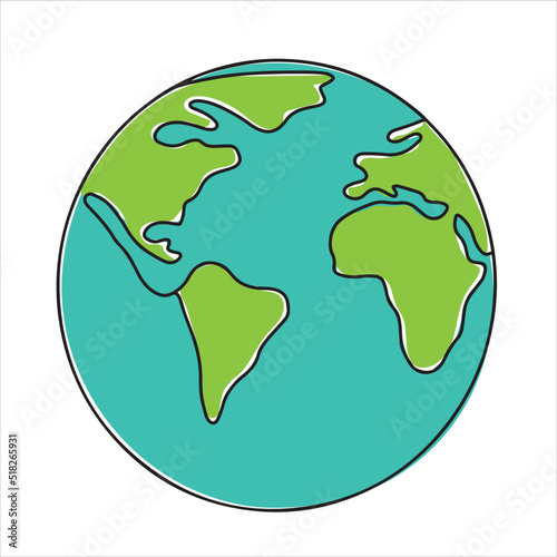 Single continuous one line drawing of globe sphere, planet Earth map. Planet logotype, Artistic world map color icon round design, isolated vector illustration