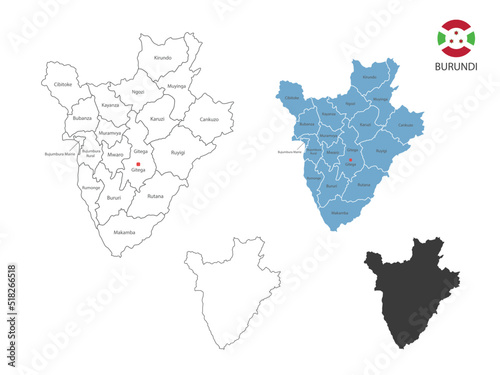 4 style of Burundi map vector illustration have all province and mark the capital city of Burundi. By thin black outline simplicity style and dark shadow style.