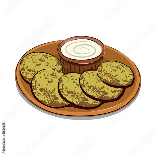 A dish of national Ukrainian cuisine, potato pancakes with sour cream on a clay plate, flat vector, isolate on white