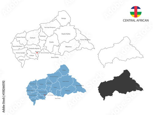 4 style of Central African map vector illustration have all province and mark the capital city of Central African. By thin black outline simplicity style and dark shadow style.
