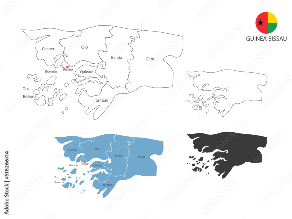 4 style of Guinea Bissau map vector illustration have all province and mark the capital city of Guinea Bissau. By thin black outline simplicity style and dark shadow style.