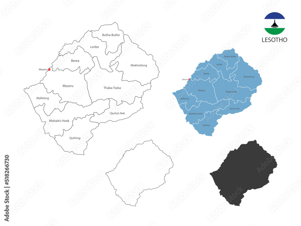 4 style of Lesotho map vector illustration have all province and mark the capital city of Lesotho. By thin black outline simplicity style and dark shadow style.