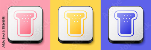 Isometric Bread toast for sandwich piece of roasted crouton icon isolated on pink, yellow and blue background. Lunch, dinner, breakfast snack. Square button. Vector