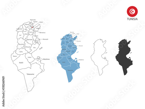 4 style of Tunisia map vector illustration have all province and mark the capital city of Tunisia. By thin black outline simplicity style and dark shadow style. Isolated on white background.