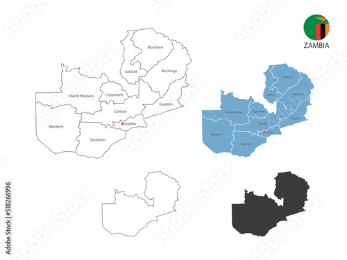 4 style of Zambia map vector illustration have all province and mark the capital city of Zambia. By thin black outline simplicity style and dark shadow style. Isolated on white background.