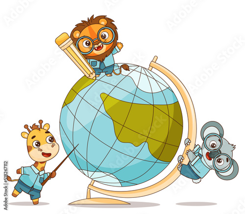 Set of kids kawaii tropical animals with globe. Vector illustration for designs, prints, patterns. Isolated on white background