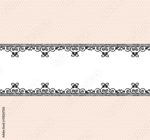 Lace border with black detail and pink mesh. Space for text. EPS10 vector format. 