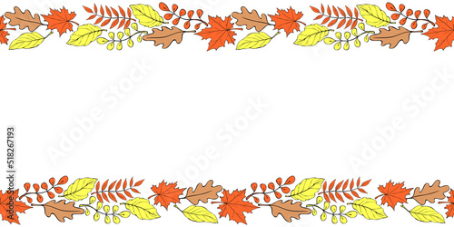 Vector background, frame made of colorful autumn leaves on edges. Horizontal top and bottom edging, border, decoration for seasonal design, thanksgiving theme and happy fall
