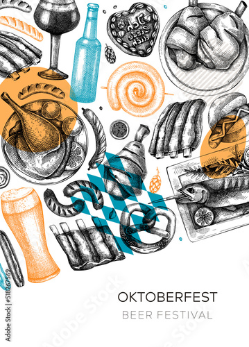 Oktoberfest background. Beer festival wreath in collage style. German food and drinks menu design. Vector meat dishes sketches. German cuisine vintage frame. Oktoberfest party card or invitation